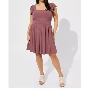Torrid Mini Ribbed Knit Ruffle Skater Dress w/ Pockets Dusty Rose Pink Sz. 1, 1X